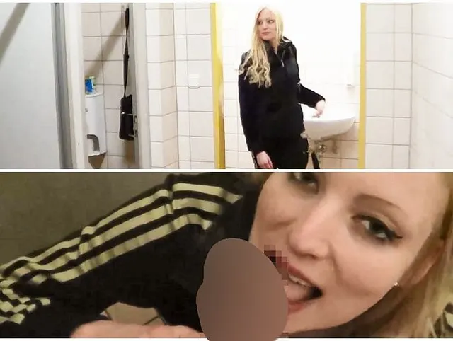 Geile Blondine verirrt sich in die Männer-Toilette. AO-Sex. Blasen. Creampie.