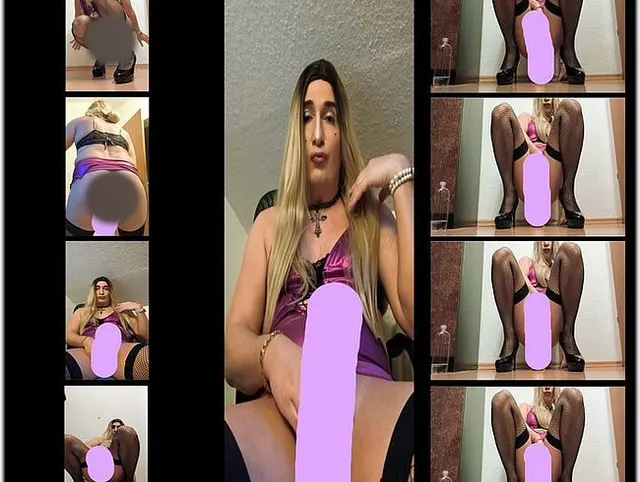 Blonde Transe in engem Partykleid reitet nen Riesendildo