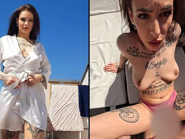 Old-Guy knallt Tattoo-MILF auf der Terrasse und fickt sie auf dem Tisch durch und spritzt auf ihr ab