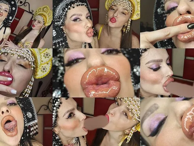 Zwei Prinzessinnen verzaubern Sie mit ihren sexy Körpern und klebrigen, saftigen, glänzenden Lippenstiftküssen