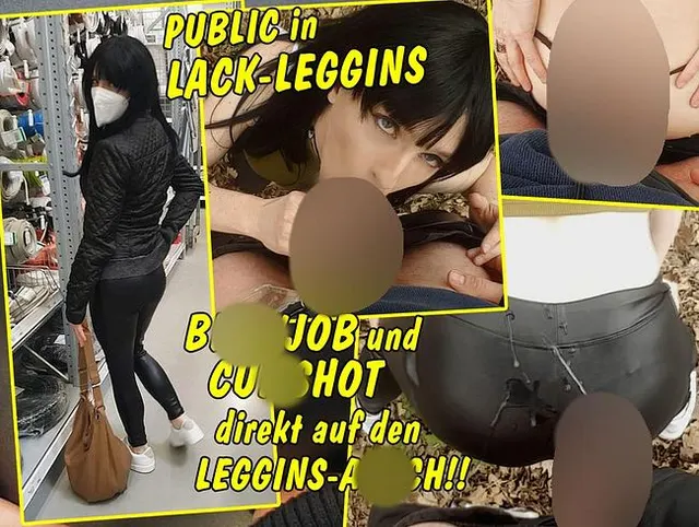 Public mit Lack Leggins! Blowjob und Cumshot direkt auf den Leggins Arsch!!