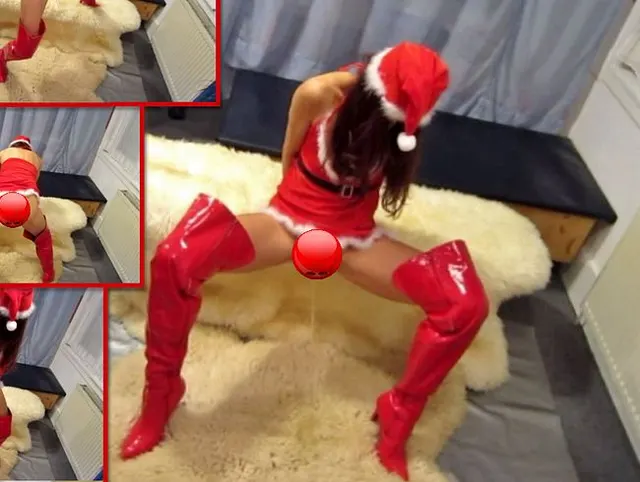 Weihnachts-Piss in Lack-Overknees auf Schaffelle