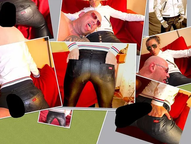 Lederhosen Arsch mit Lackjacke Geilo bespritzt - Lederfetisch Pur
