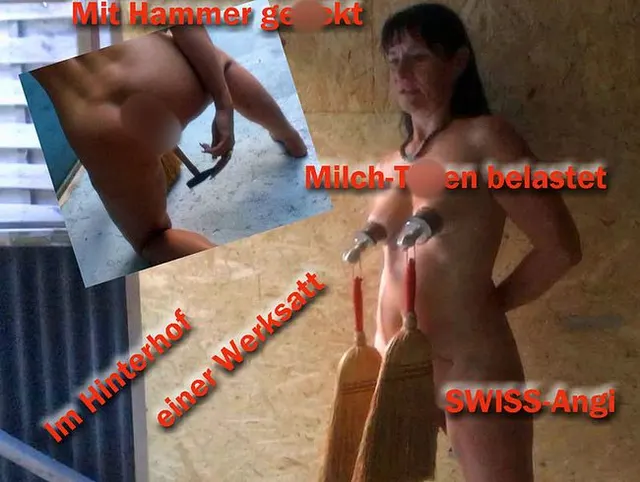 Im Hinterhof einer Werkstatt sich pervers mit Werkzeug mit Gewicht an den Milch-Titten befriedigt