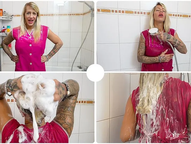 Mega feuchte Kittel Dusche mit Haare shampoonieren in drei pinken Dederonkittel